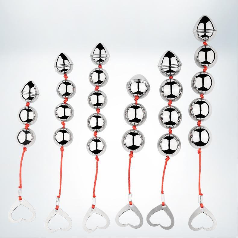 Smooth Metal Anal Beads with Heart Pull Ring for Temperature Play
