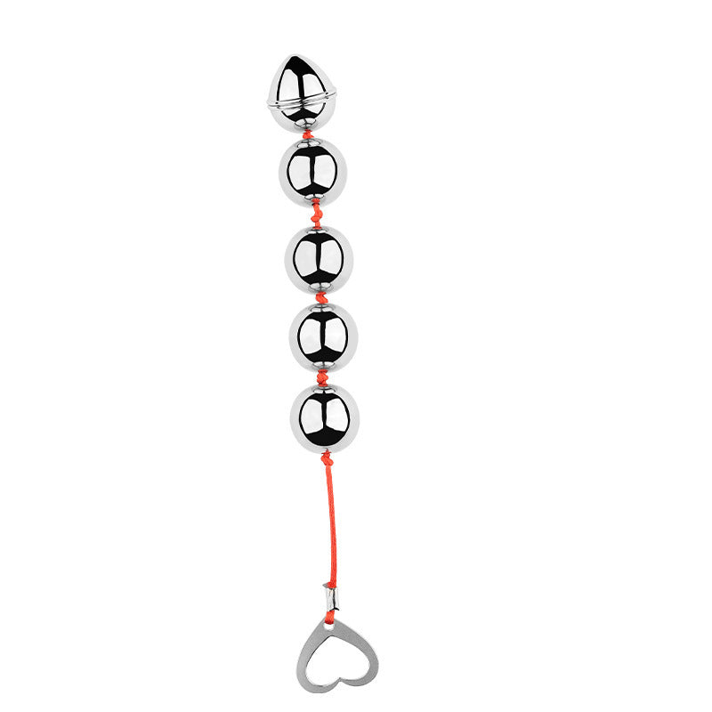 Smooth Metal Anal Beads with Heart Pull Ring for Temperature Play