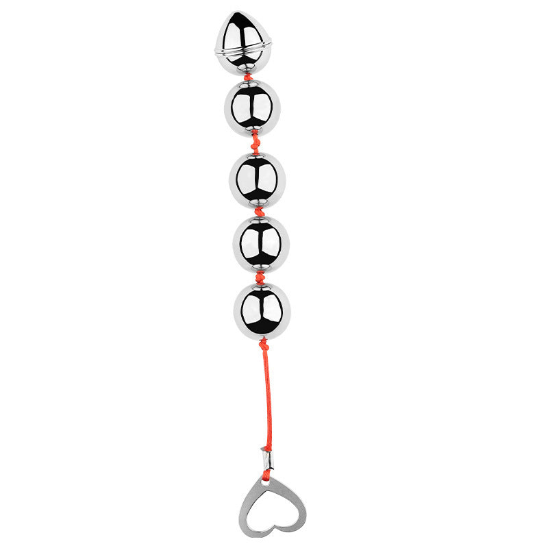 Smooth Metal Anal Beads with Heart Pull Ring for Temperature Play