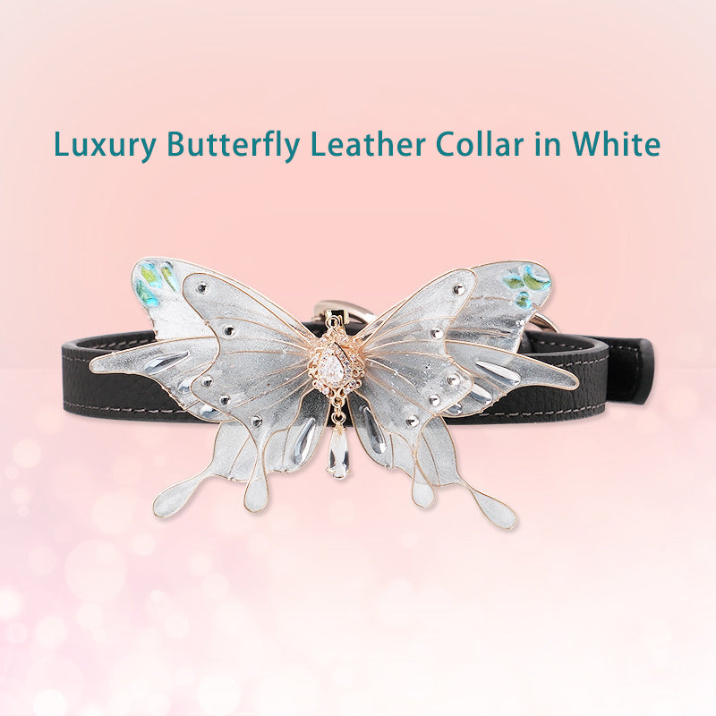 leather BDSM collar with white butterfly pendant
