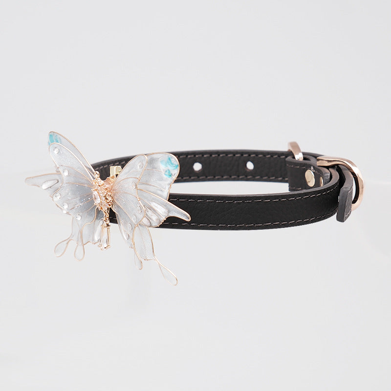 leather BDSM collar with white butterfly pendant