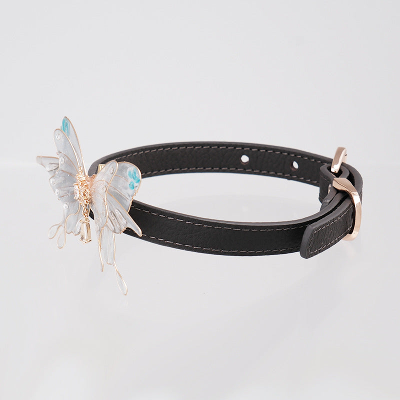 leather BDSM collar with white butterfly pendant