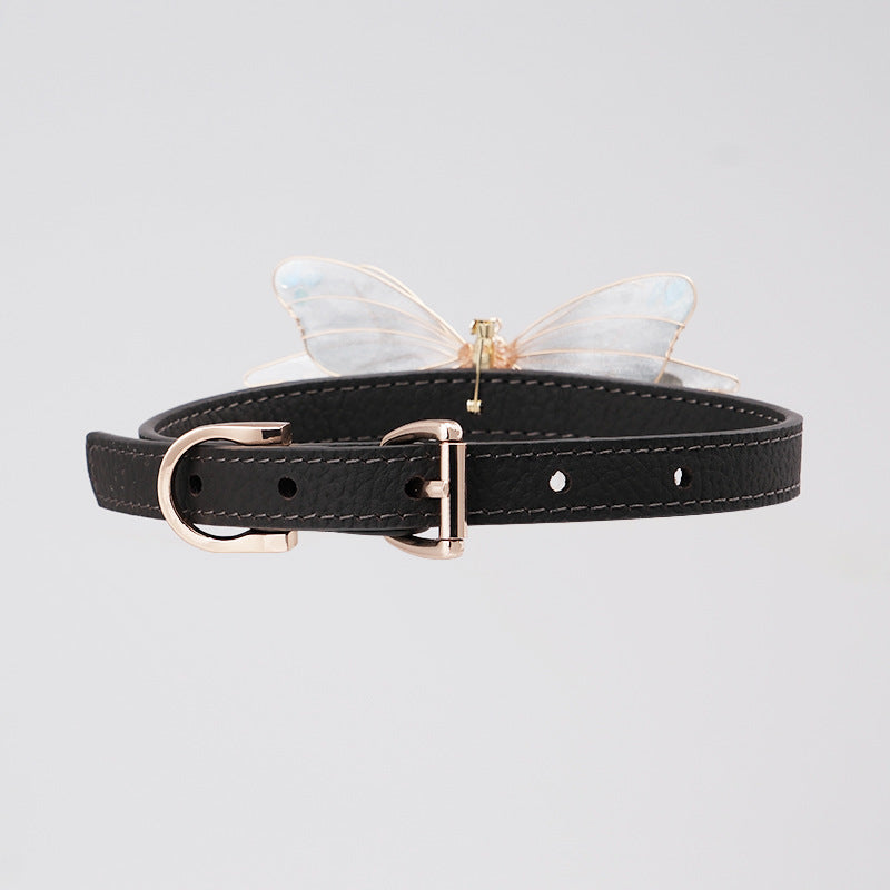 leather BDSM collar with white butterfly pendant