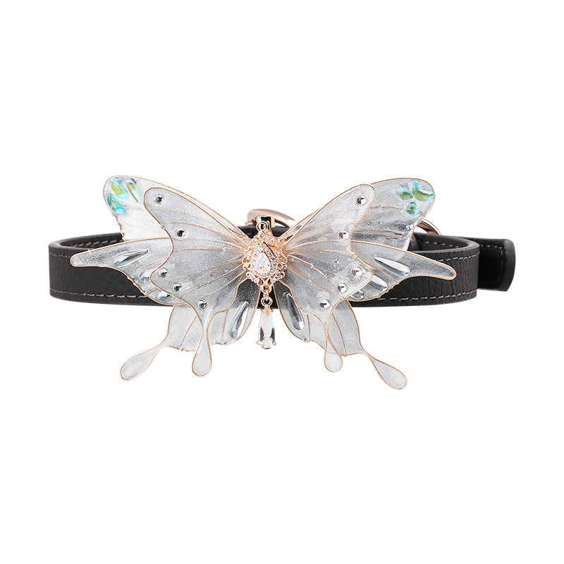 leather BDSM collar with white butterfly pendant
