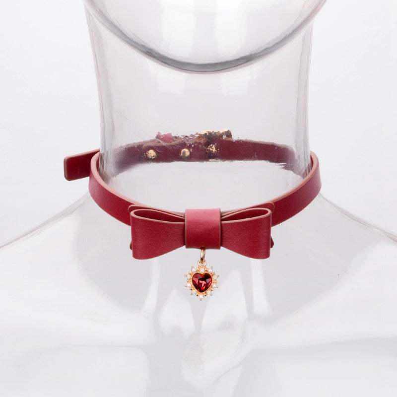 Elegant Leather Collar with Bow Pendant and Leash
