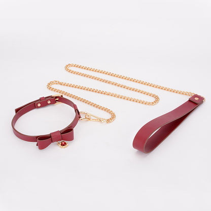 Elegant Leather Collar with Bow Pendant and Leash