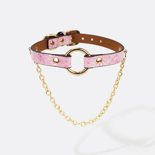 Leather Collar with Snakeskin Texture and Chain Detail