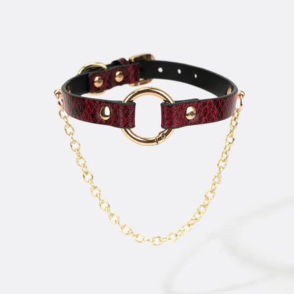 Leather Collar with Snakeskin Texture and Chain Detail