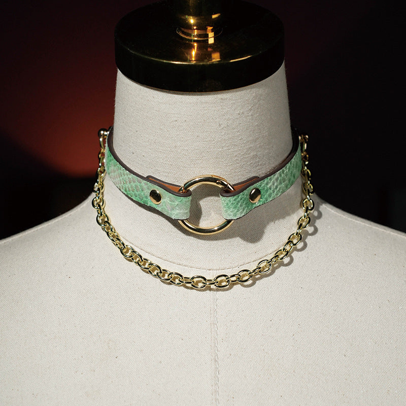Leather Collar with Snakeskin Texture and Chain Detail