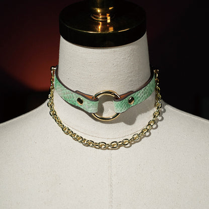 Leather Collar with Snakeskin Texture and Chain Detail