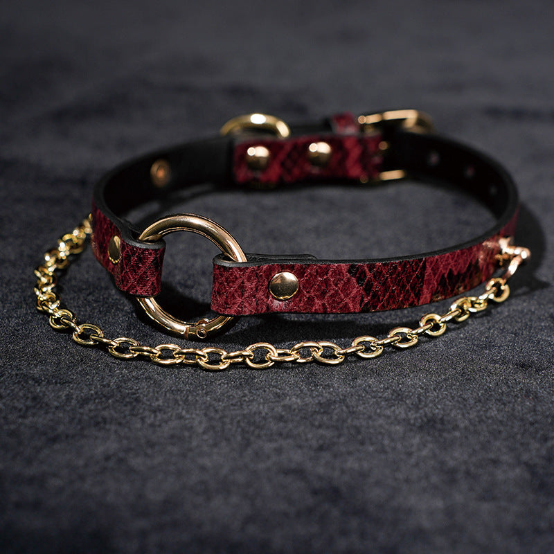 Leather Collar with Snakeskin Texture and Chain Detail