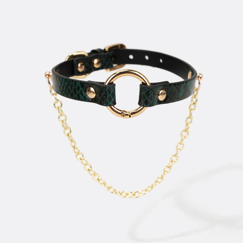 Leather Collar with Snakeskin Texture and Chain Detail