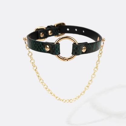 Leather Collar with Snakeskin Texture and Chain Detail
