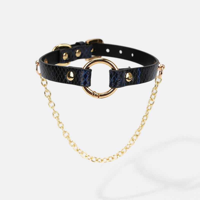Leather Collar with Snakeskin Texture and Chain Detail