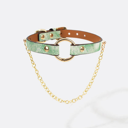 Leather Collar with Snakeskin Texture and Chain Detail