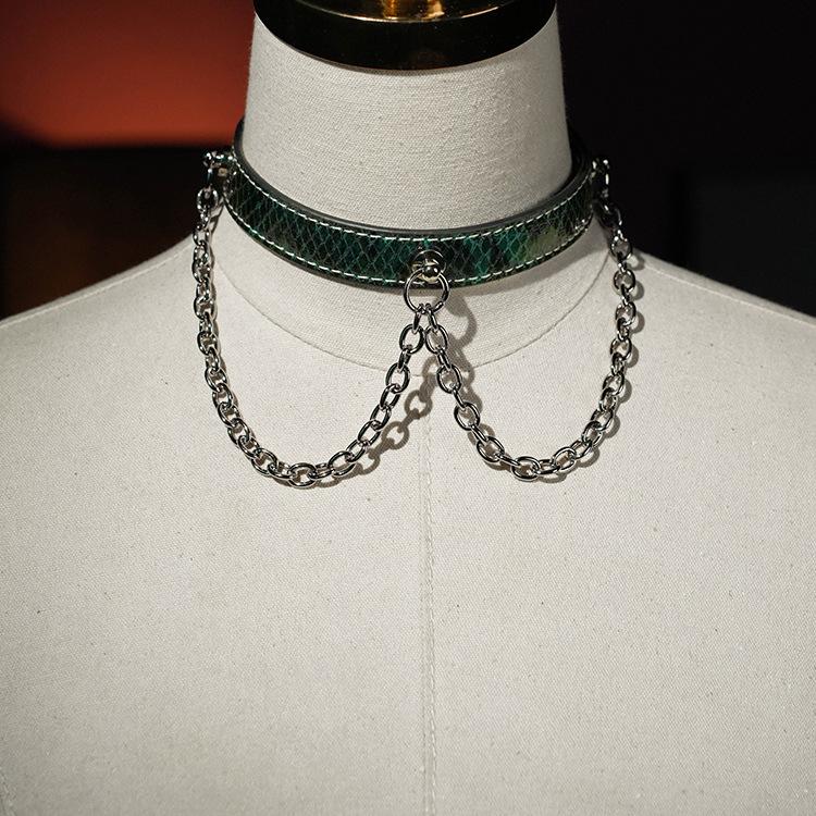 Unique Snakeskin Collar with Chain Detailing