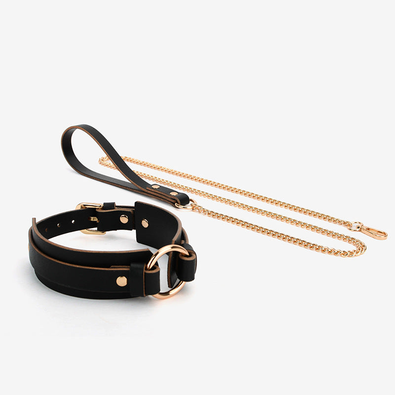 Leather Collar with Bold Gold Metal Hoop and Leash Set