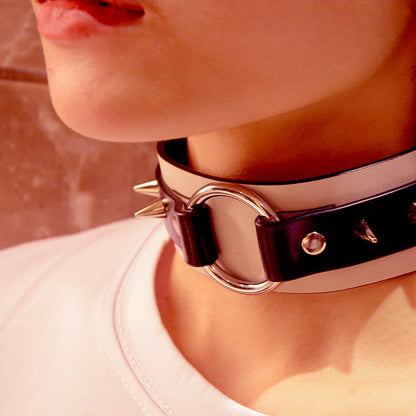 Long Rivet Leather Collar - Bold BDSM Fashion Accessory