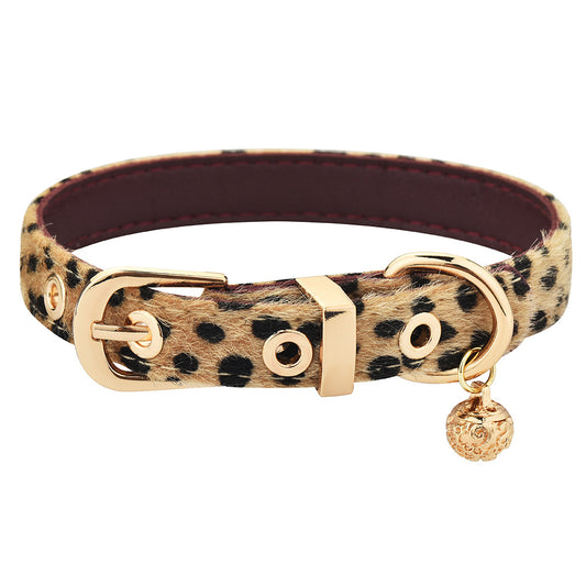 Leather Choker with Gold Bells and Leopard Print for Roleplay