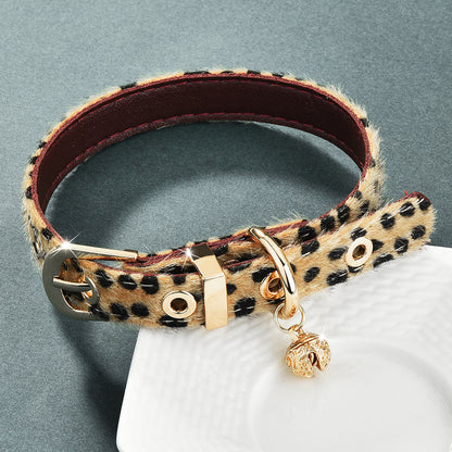 Leather Choker with Gold Bells and Leopard Print for Roleplay