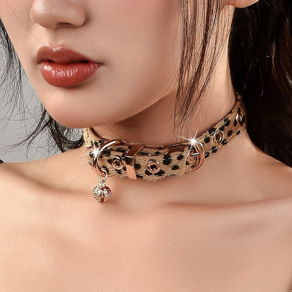 Leather Choker with Gold Bells and Leopard Print for Roleplay