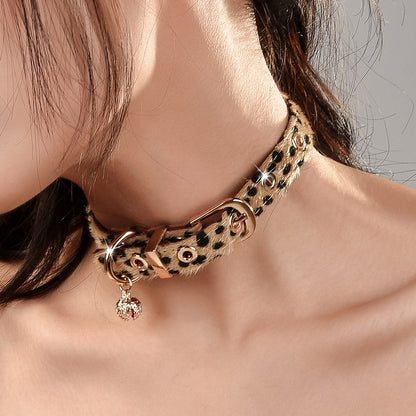 Leather Choker with Gold Bells and Leopard Print for Roleplay