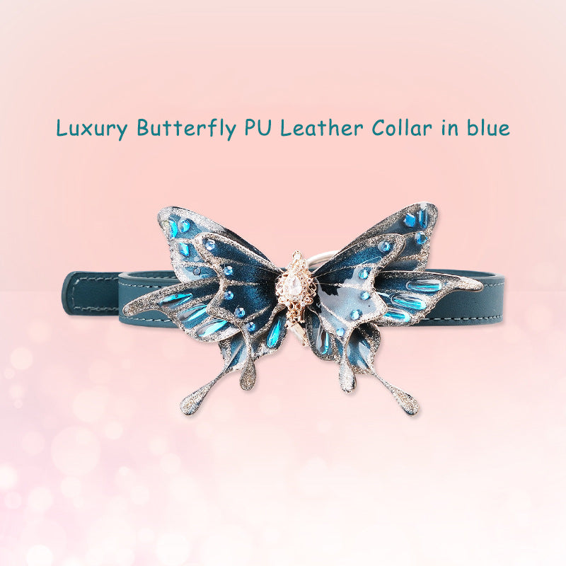 Luxury blue butterfly BDSM collar with O-ring