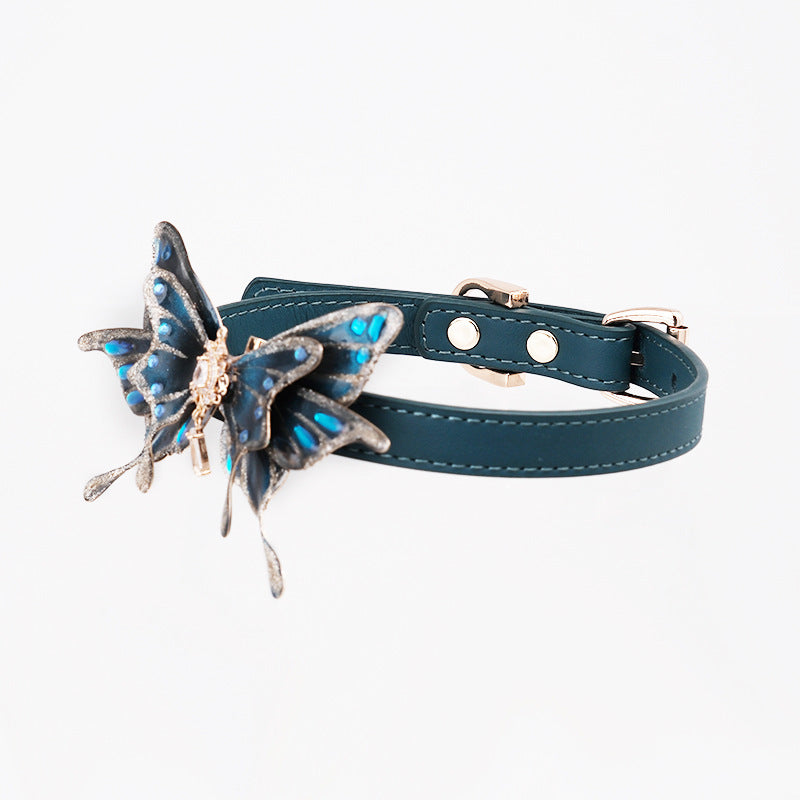 Luxury blue butterfly BDSM collar with O-ring