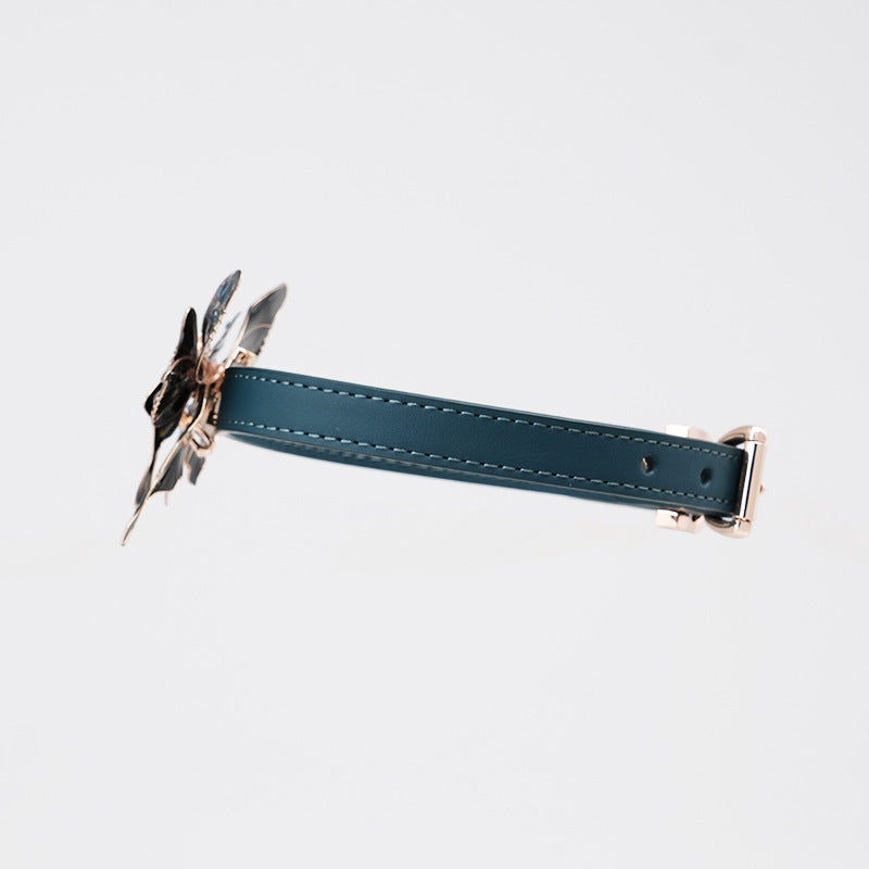 Luxury blue butterfly BDSM collar with O-ring
