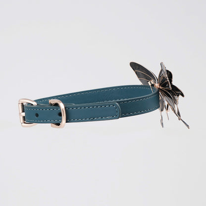Luxury blue butterfly BDSM collar with O-ring