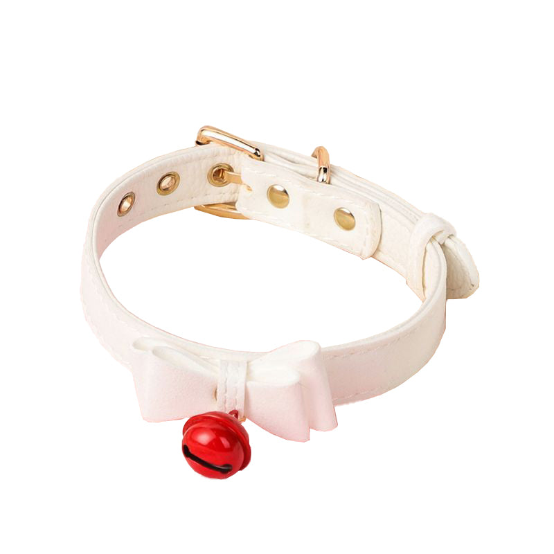 Sensory PU leather collar with bow and bell for intimate play.
