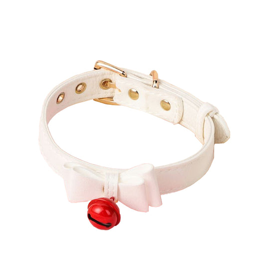 Sensory PU leather collar with bow and bell for intimate play.