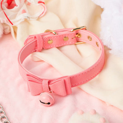 Sensory PU leather collar with bow and bell for intimate play.