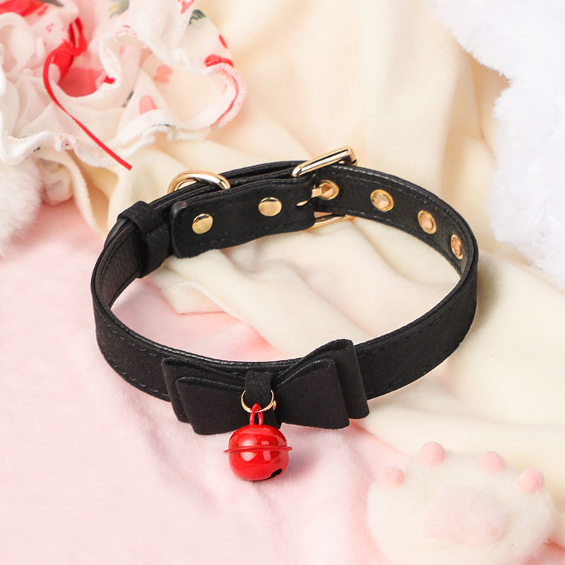 Sensory PU leather collar with bow and bell for intimate play.