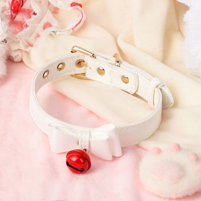 Sensory PU leather collar with bow and bell for intimate play.