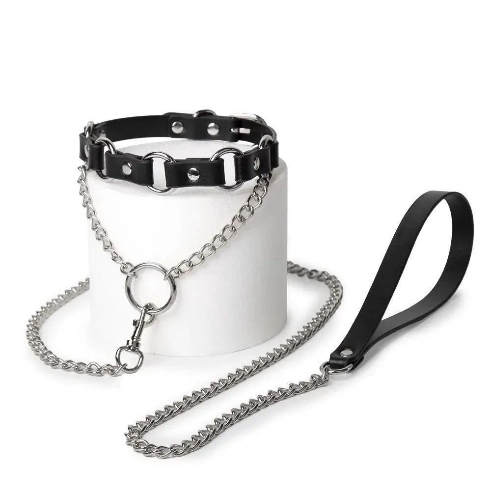 Adjustable PU leather collar and chain leash set for fetish lovers