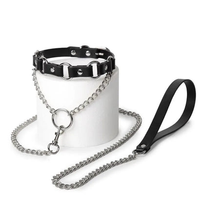 Adjustable PU leather collar and chain leash set for fetish lovers