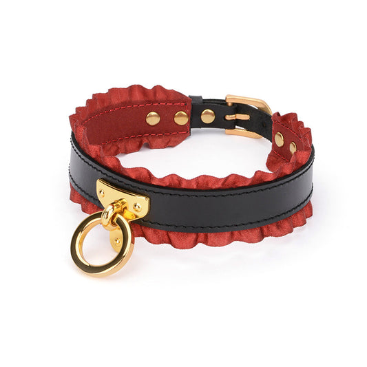 Leather Collar with Leash and Lace Detailing for Kink and Roleplay