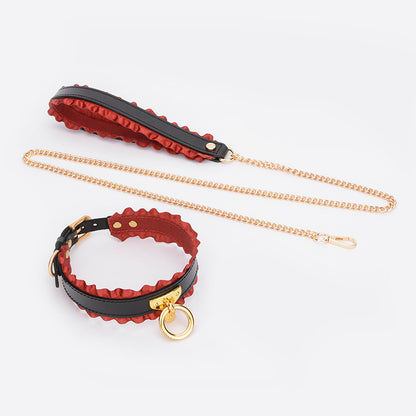 Leather Collar with Leash and Lace Detailing for Kink and Roleplay