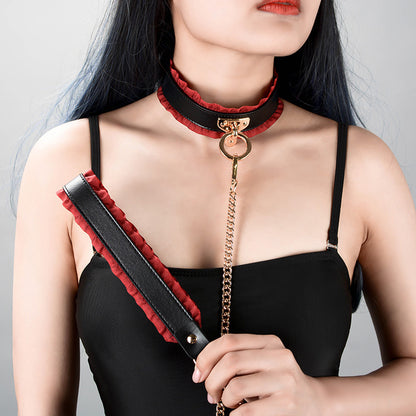 Leather Collar with Leash and Lace Detailing for Kink and Roleplay