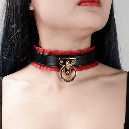 Leather Collar with Leash and Lace Detailing for Kink and Roleplay
