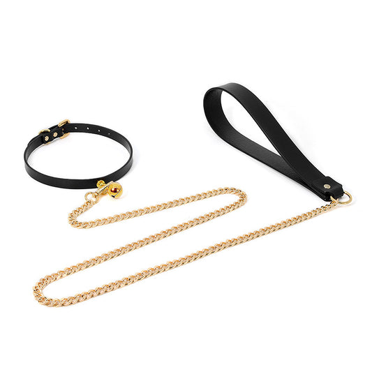 Elegant Leather BDSM Collar with Golden Bell and Matching Leash