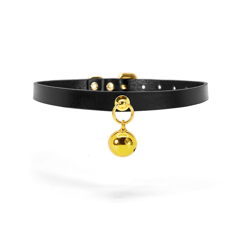 Elegant Leather BDSM Collar with Golden Bell and Matching Leash