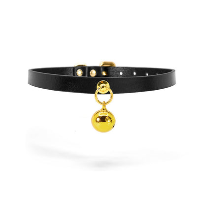 Elegant Leather BDSM Collar with Golden Bell and Matching Leash