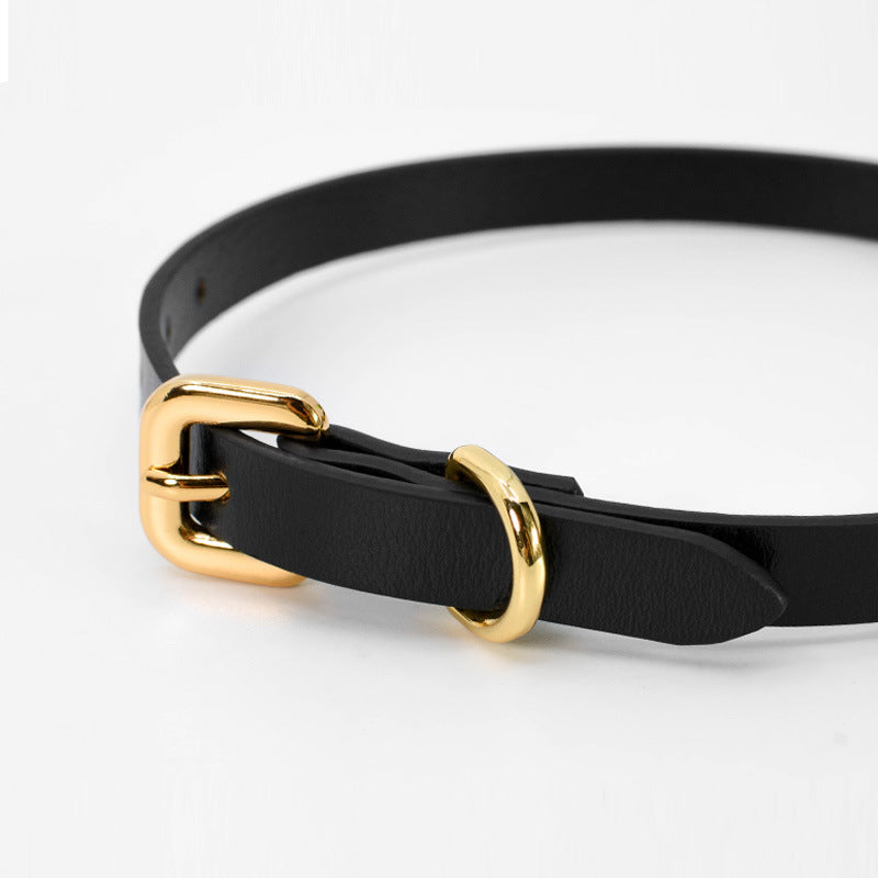 Elegant Leather BDSM Collar with Golden Bell and Matching Leash