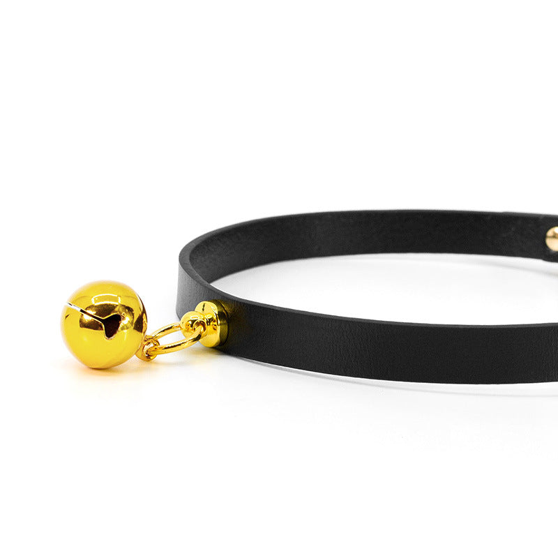Elegant Leather BDSM Collar with Golden Bell and Matching Leash