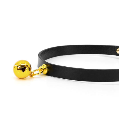 Elegant Leather BDSM Collar with Golden Bell and Matching Leash