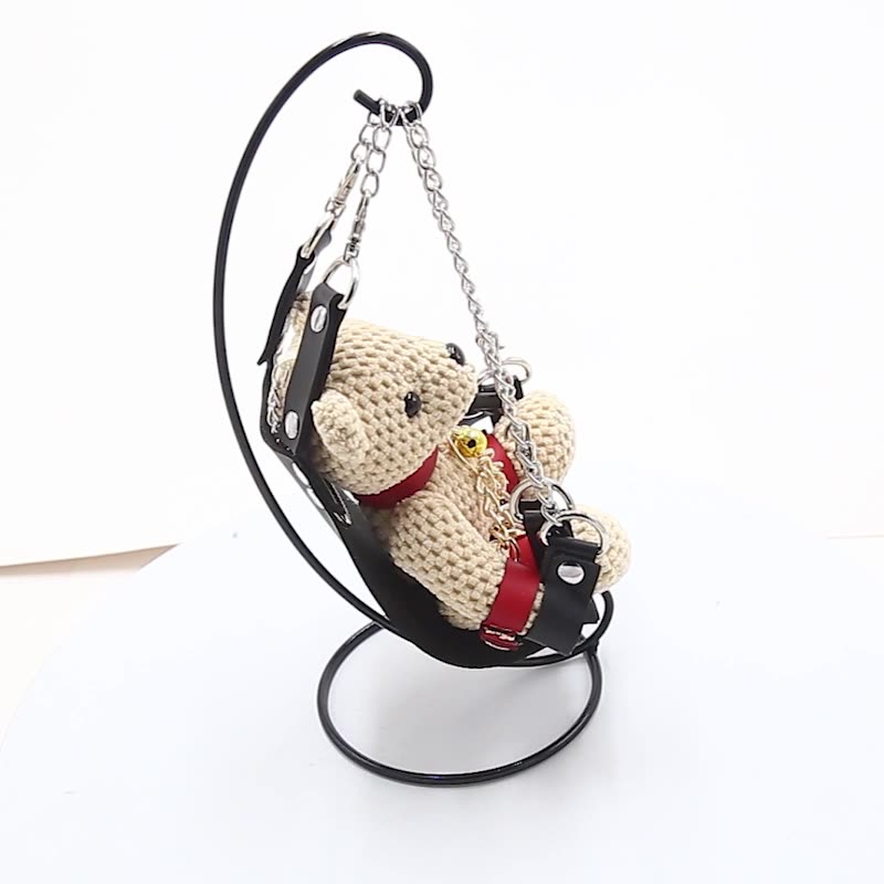 Handcrafted BDSM Bondage Teddy Bear Desktop Ornament with leather restraints on metal base