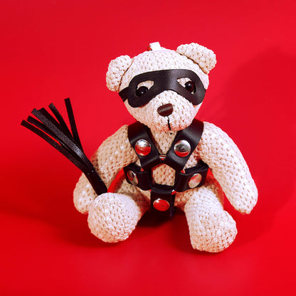 Handcrafted BDSM Bondage Teddy Bear Desktop Ornament with leather restraints on metal base