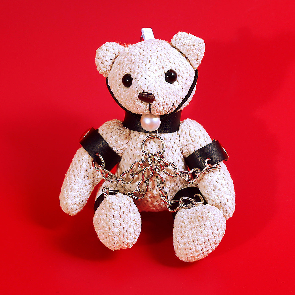 Handcrafted BDSM Bondage Teddy Bear Desktop Ornament with leather restraints on metal base